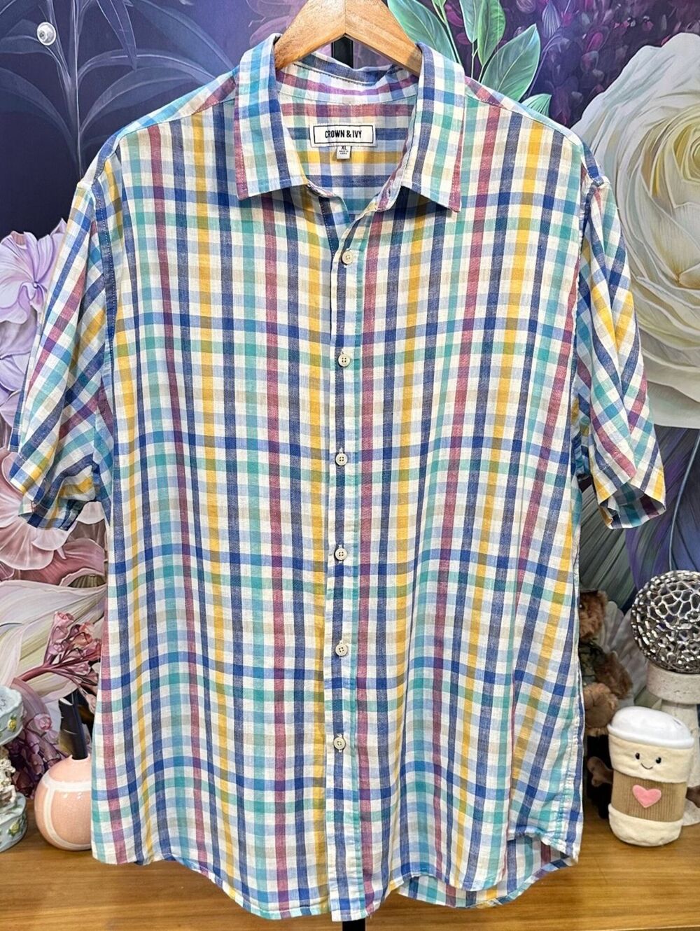 Crown & Ivy XL Linen Cotton Plaid Short Sleeve Button-Up Shirt Preppy Classic
